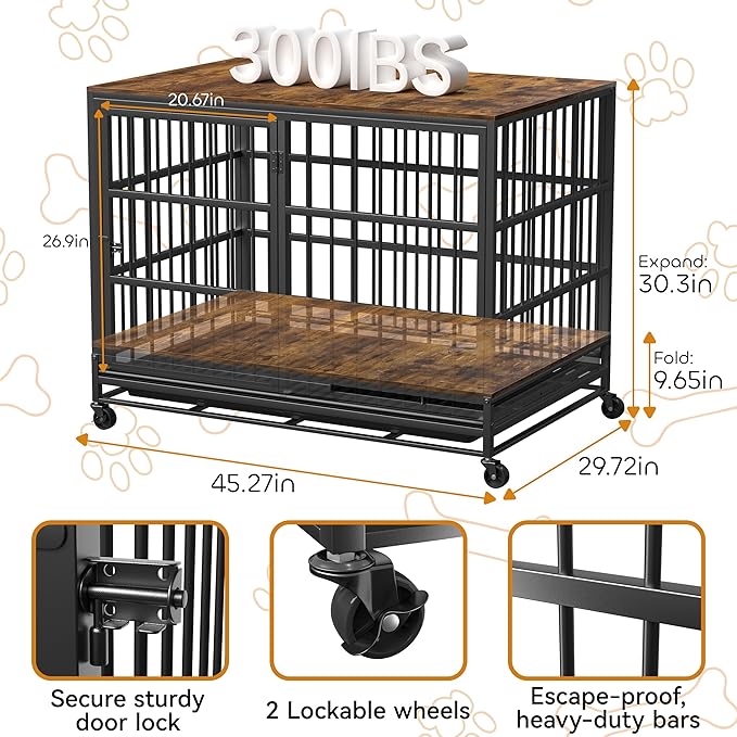 45" Dog Crate Furniture Indoor Large Dog Crates for Large Dogs Heavy Duty Dog Crate for Medium Dogs Wooden Foldable Dog Kennel Indoor