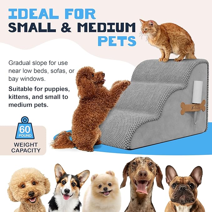 PAWZY Foam Pet Stairs for Bed, Couch or Window PREFIXED Cover - Wide Steps for Bed, Waterproof, Non-Slip Base - 3-Tier Ramp Dog Stairs for Small Dogs, Puppies, Cats - Dog Stairs & Steps (Grey)