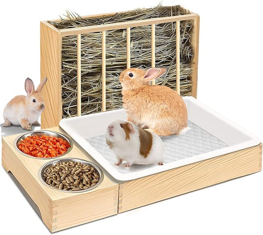 Rabbit Litter Box Bunny Litter Box Hay Feeder Rabbit, 3 in 1 Wooden Hay Feeder with 2 Bowls & Toilet for Guinea Pig, Bunny, Hamster, Chinchillas Other Small Animals, Large Capacity & Preventing Waste