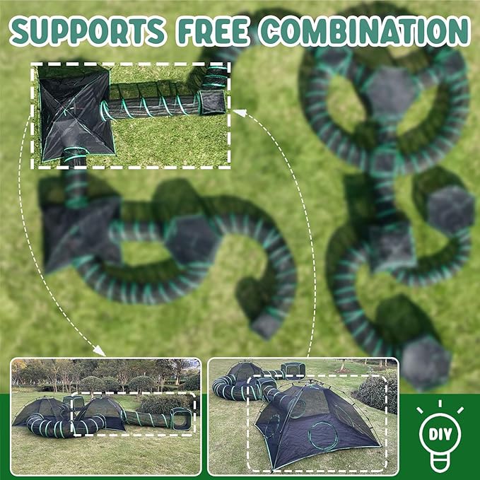 3-in-1 Outdoor Cat Enclosure, Portable Catio for Outside, Outdoor Cat Tent with 2 Tents and 1 Straight Tunnel, Green Enclosed Playpen for Kitty and Other Small Animals, Support Expansion