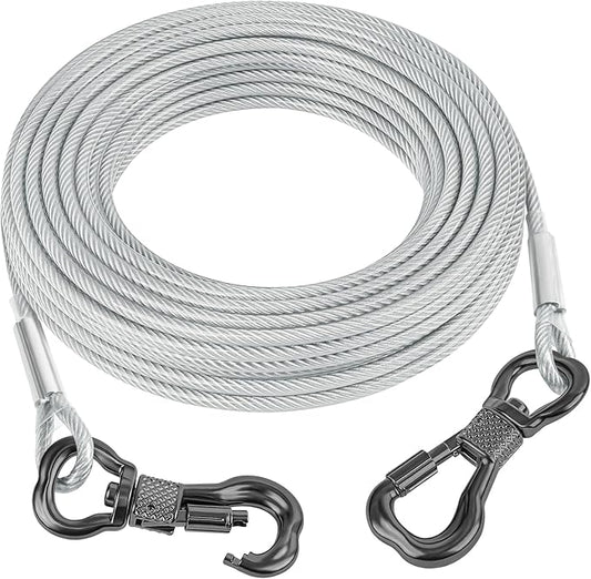 Tresbro 20FT Reflective Tie Out Cable for Dogs Up to 250 Pounds, Steel Wire Lead Leash Cable with Stainless Dual Fix Buckle, Lightweight and Enduring, Outdoor Dog Chains for Outside,Yard,Camping