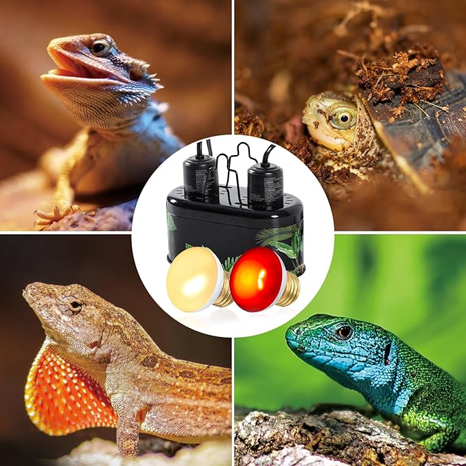 REPTI ZOO Nano Dual Dome Reptile Light Fixture and 25W Reptile Heat Lamp Combo Pack, Mini Daylight Basking Spot Heat Lamp & Nano Heat Emitter Basking Spot Lamp
