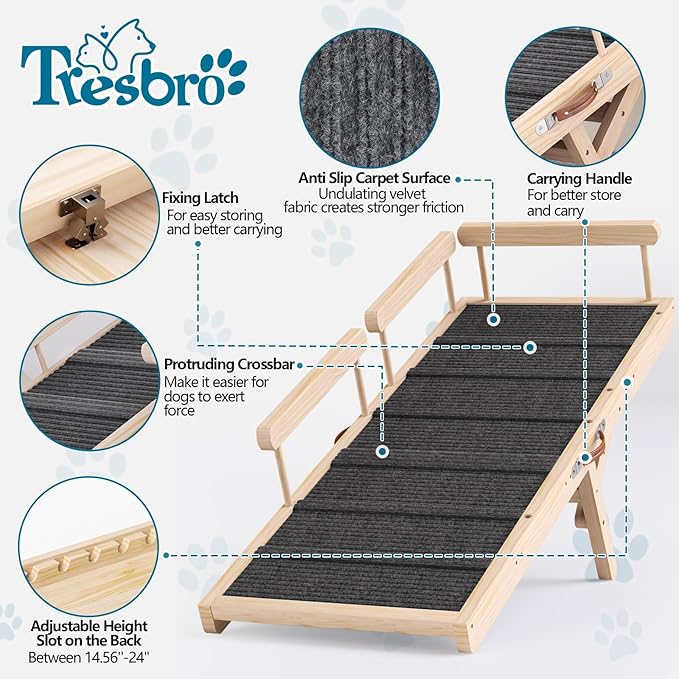 Tresbro Dog Ramp for Bed, 6 Level Adjustable 15.55'' to 26.77'' Dog Ramps with Anti-Slip Carpet & Side Rails, Portable Dog Ramp Holds up to 200LBS for Small Medium Large Dogs to Get on High Bed, Sofa