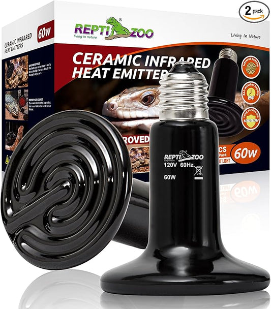 REPTI ZOO 2Pack Ceramic Heat Emitter 60W Reptile Heat Lamp Night Heat Lamp Bulbs Reptile Terrarium Heat lamp Tank Heat Bulb for Turtle Bearded Dragon Gecko Lizard Snake Chicken E26