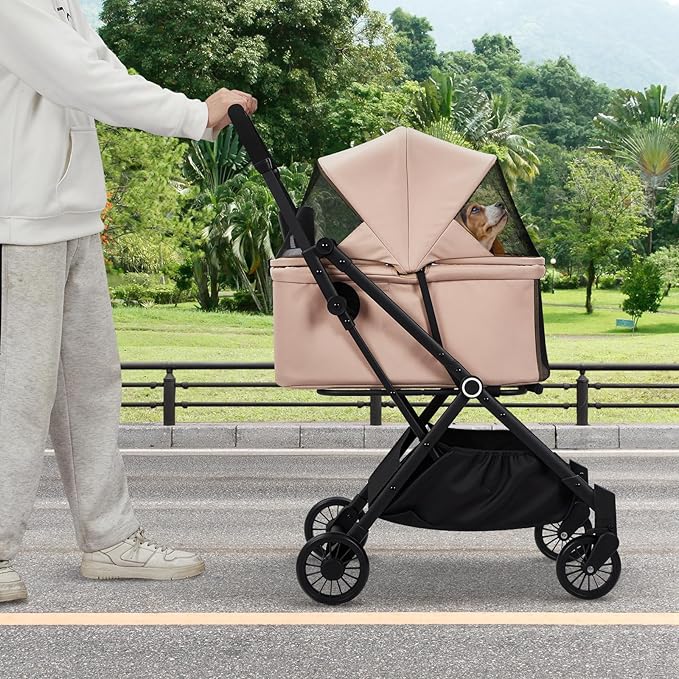 4-Wheel Lightweight Dog Stroller - Foldable Pet Stroller for Cats & Small to Medium Dogs Up to 50 Lbs, with 360° Swivel Wheels, Foot Brake, Weather & Escape Proof Design