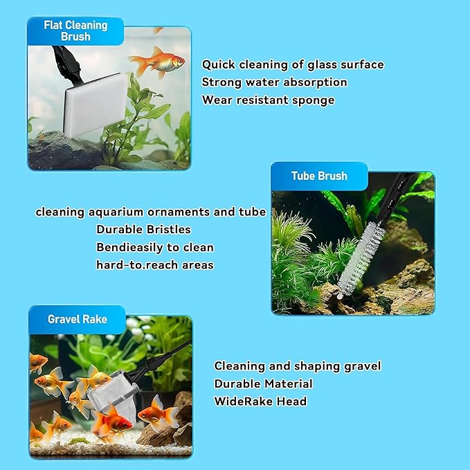 Aquarium Cleaning Tool - 6 in 1 Fish Tank Cleaning Tools - Fish Tank Brush Cleaner Set,with Adjustable Long Handle,Algae Scraper Scrubber Pad Scrub Brush Fish Net Gravel Rake