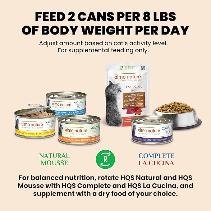 almo nature HQS - Cat Wet Food, Rotational Diet, Tuna Selection, 2.47 oz, Pack of 12