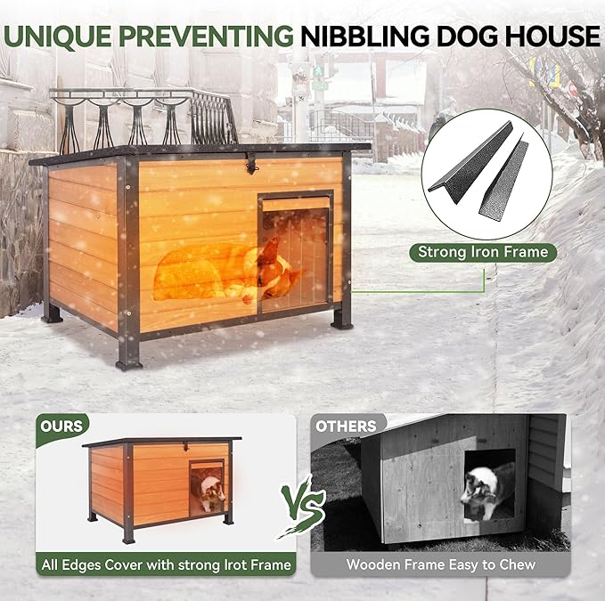 Dog House Outdoor Insulated with Prevent Chewing Iron Frame, Insulated cat House Outdoor Removable Floor and Open Roof for Dogs,Cat,Rabbits and Small Animals