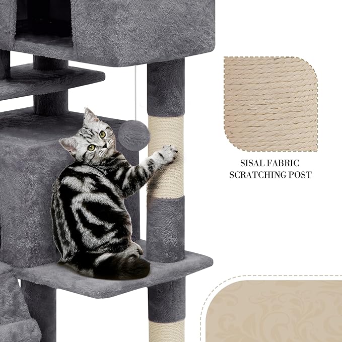 Athena Collection Modern Cat Tree Tower, 60 Inch Tall Cat Tree Climbing Tower with Scratching Post 2 Condo Multi-Level Activity Center and Playing Ball for Indoor Large Adult, Dark Grey