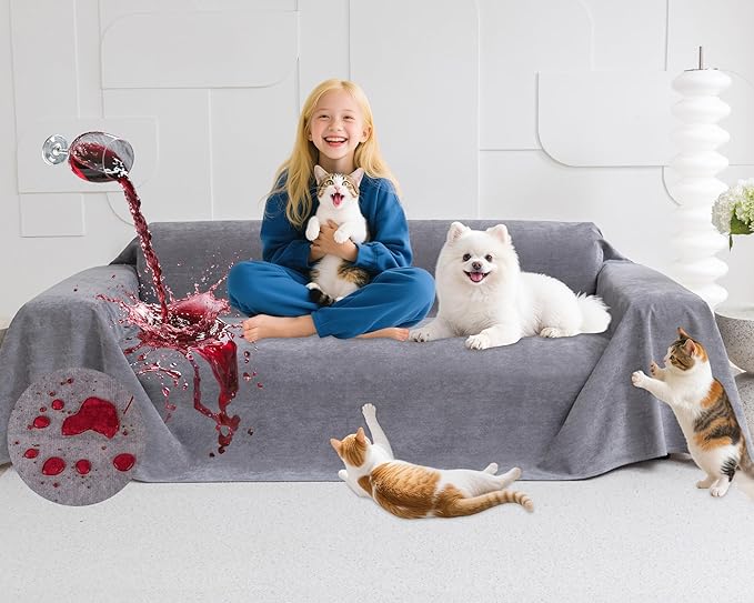 Loiion Couch Covers for 3 Cushion Couch, Gray Cat-Scratch Resistant Sofa Cover –Pets Dogs Friendly Anti Slip Thickened Slipcovers Furniture Protector, Couch Protector for Pets and Kids 150"X71"