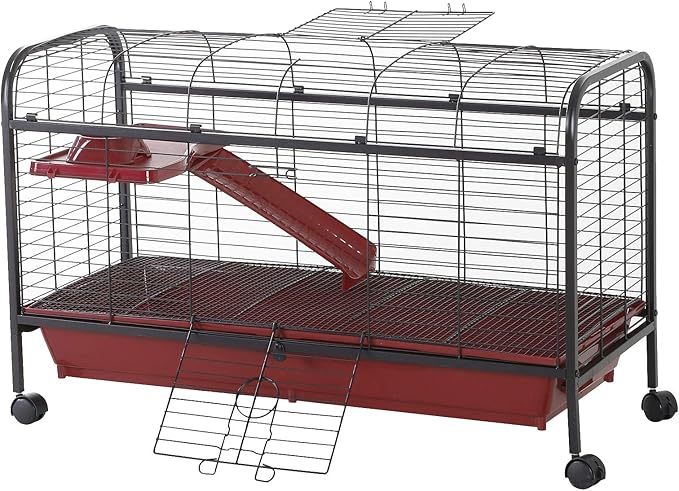 PawHut 41" L Small Animal Cage Rabbit Hutch Ferret Pet Play House with Feeder, Rolling Wheels, Platform, Ramp