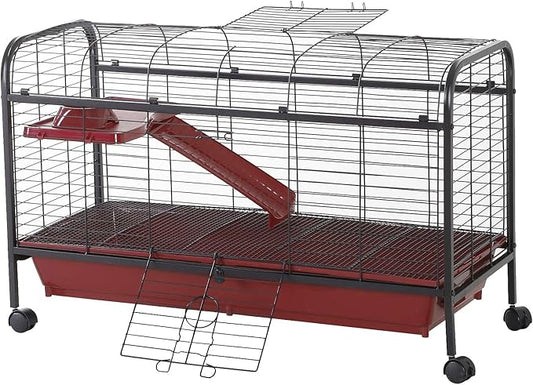 PawHut 41" L Small Animal Cage Rabbit Hutch Ferret Pet Play House with Feeder, Rolling Wheels, Platform, Ramp