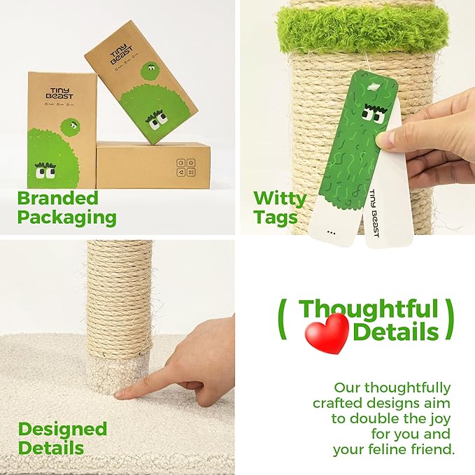 TINYBEAST 34" Tall Cat Scratching Post for Indoor Cats, Premium Natural Sisal Scratcher with Interactive Plush Toy Ball, Reinforced Stable Base for Large Adult Cats & Kittens(Beige)