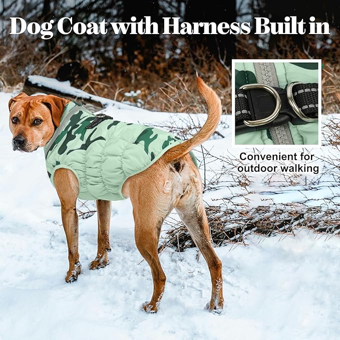 Lelepet Dog Coat Warm Dog Winter Coat Waterproof Dogs Jacket with Harness Built in Reflective Pet Fleece Vest Zip-Up Cold Weather Coats for Small Dogs Turtleneck Windproof Coats Yorkie Mint Green Camo