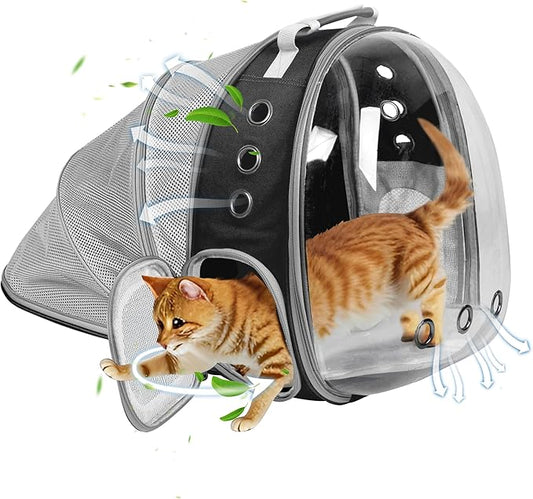 Cat Backpack Carrier Bubble Expandable Foldable Breathable Pet Carrier Dog Carrier Backpack for Large Big Cats Hiking, Travelling, Camping (Back Expandable-Black)