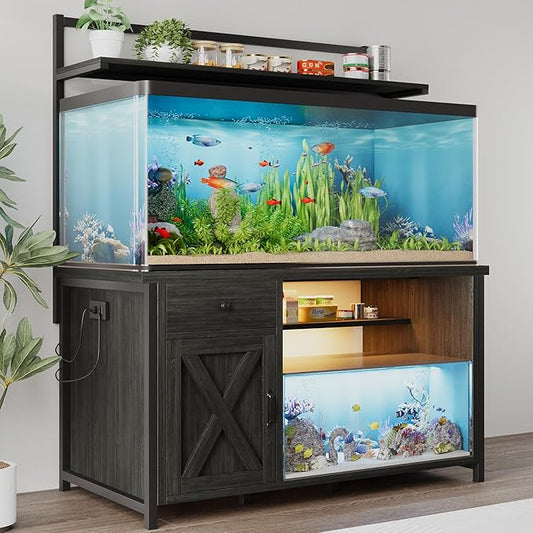 4ever2buy 55-75 Gallon Fish Tank Stand with Power Outlet, Led Light, Heavy Duty Aquarium Stand with Cabinet for Fish Tank Accessories Storage, Shelf, for Turtle Tank, Reptile Terrarium, 1100 LBS, Gray