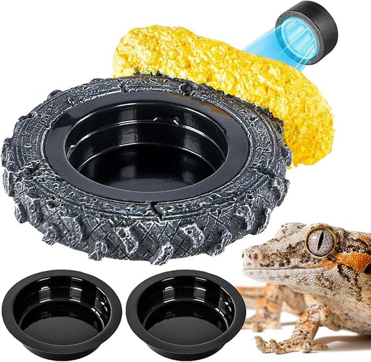 Magnetic Crested Gecko Feeding Ledge, Reptile Feeder Ledge with PVC Food Bowls, Tire-Shaped Reptile Water Dish for Crested Gecko Leopard Gecko Lizard Frog Bearded Dragon