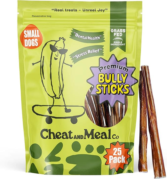 Thin Bully Sticks for Small Dogs - [6 Inch, 25 Pack] - Natural, Grain-Free, Rawhide-Free Dog Chews for Small Dogs, Seniors, and Puppies - Long-Lasting, Grass-Fed Beef Pizzle