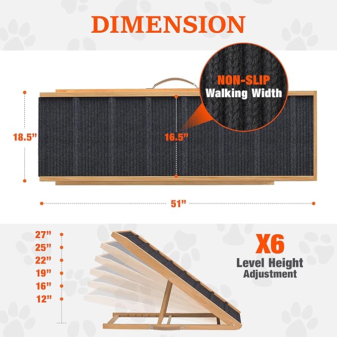 Adjustable Dog Ramp for Bed - Foldable Wooden Ramp For Dogs to Get on Bed, Couch, or Car - Ideal for Small, Medium, and Large Breeds (Natural Wood with Grey Carpet) (Natural Wood, Large)