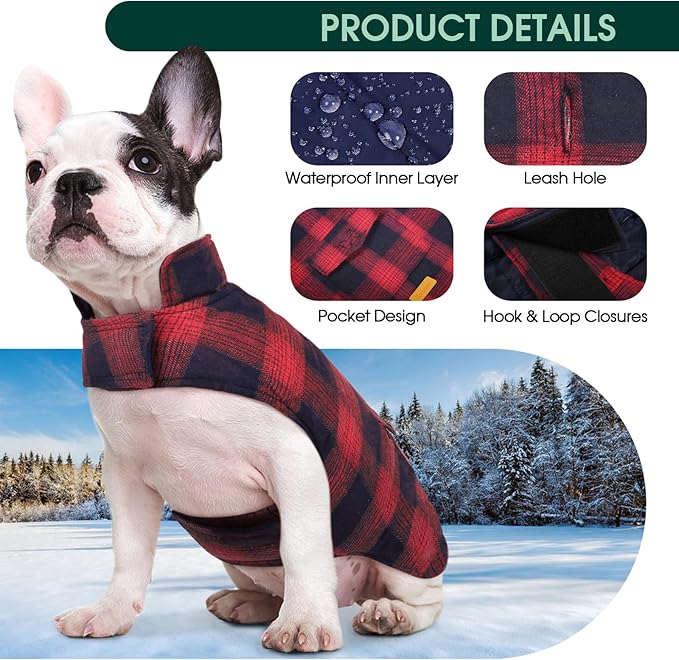 Kuoser Reversible Winter Coat, British Style Jacket for Small Medium Dogs - Warm, Windproof Puppy Cold Weather Vest, Red M