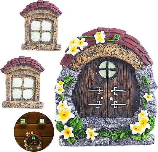 Attivolife Fairy Door and Window for Tree Glow in The Dark - Outdoor Miniature Fairy Garden Decor Weatherproof Resin Treehouse Yard Art Accessories Sculpture for Tree Trunks Fairy House Kit for Gnome