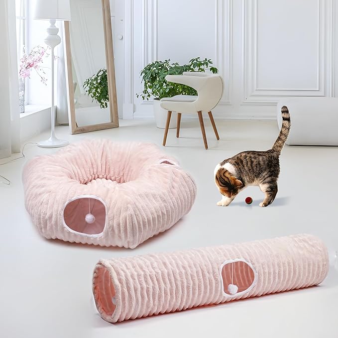 Luxurious Cat Tunnel,43" Straight Cat Tunnel Toys with Balls for Indoor,Collapsible Peekaboo Cave for Kitten（Pink Stripe）