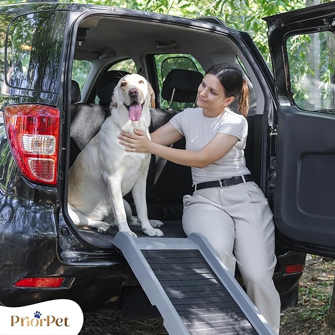 Dog Ramp for Car - 68,5" Long & 15" Wide - Rubber Anti-Slip Dog ramps for Large Dogs - Stable Dog Car Ramp 300 Pounds Capacity - Foldable Pet Ramp for Truck - Portable Folding Dog Ramp - Light Gray