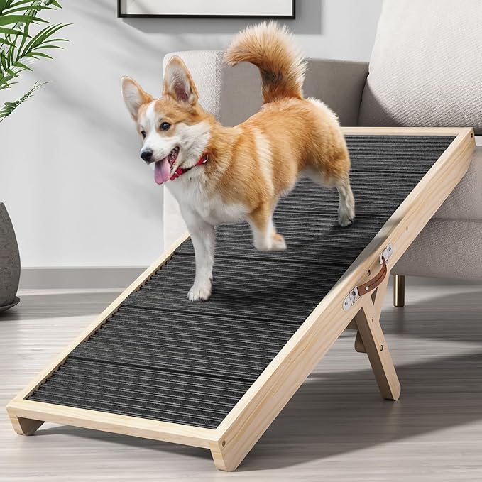 Tresbro Dog Ramp for Couch, 40'' Long Dog Ramps with Adjustable 11'' to 20.47'' Height, Portable Dog Ramp with Anti-Slip Carpet & Carrying Handle Holds up to 100LBS for Small Dogs to Get on Sofa