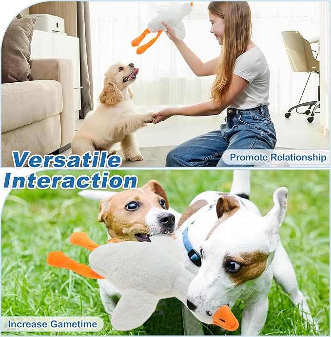 Dog Toys for Aggressive Chewers, Goose Chew Toy for Dogs, Squeaker Crinkle Plush Toy, Tough Interactive Dog Chew Toys, White