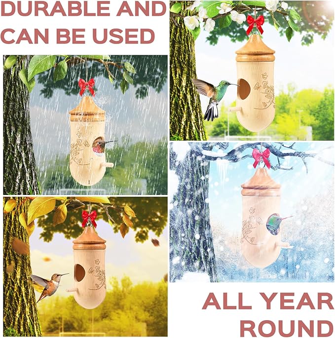 Hummingbird House, Solid Wood Hummingbird Houses for Outside-Exquisitely Handcrafted Birdhouse with Bow and Jute String Hanging Kit, Durable Garden Decor, Perfect Gardening Gift (Style-A, 1 Pack)
