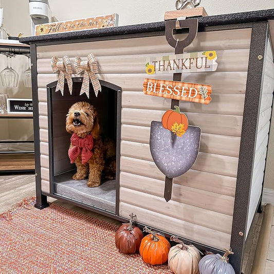 Dog House Outdoor Dog House for Small Medium Large Dogs, Natural Wood with Iron Frame, Waterproof Roof Raised Feet (43.3" L-White)