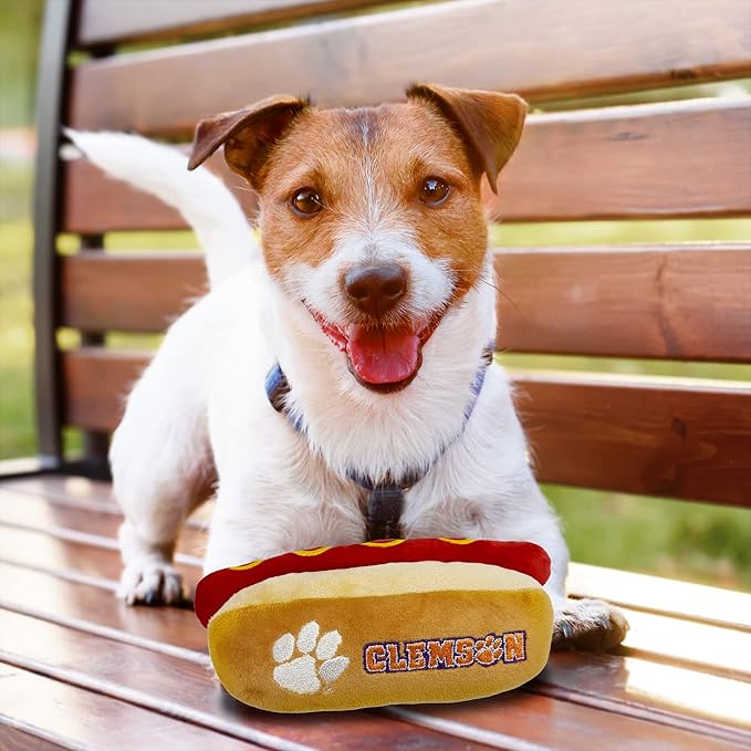 NCAA Clemson Tigers HOT Dog Plush Dog & CAT Squeak Toy- Cutest HOT-Dog Snack Plush Toy for Dogs & Cats with Inner Squeaker & Beautiful Football/Basketball Team Name/Logo