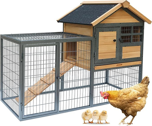 Chicken Coop and Run, Two Story Rabbit Hutch Indoor Outdoor, Waterproof Metal Frame Hen House with Nesting Box Rabbit Cage, Deep No Leak Pull Out Tray, for Chick, Bunny