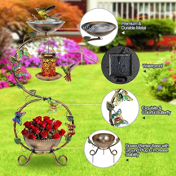 3 In 1 Bird Bath for Outside and Solar Bird Feeders Combo with Flower Planter Pedestal, 38" Metal Bird Baths Heavy Duty for Outdoors, Vintage Birdbaths for Garden Yard Lawn Decor -Waterproof