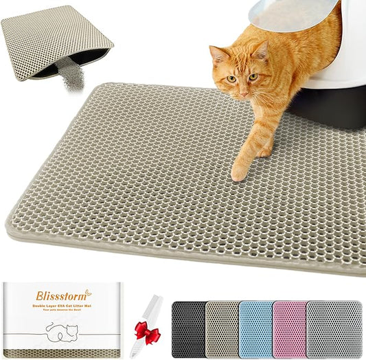Waterproof Cat Litter Mat, Double Layer EVA, Odor-Free Large Grid, Urine Proof, Easy Cleanup (Khaki, 18 x 24)
