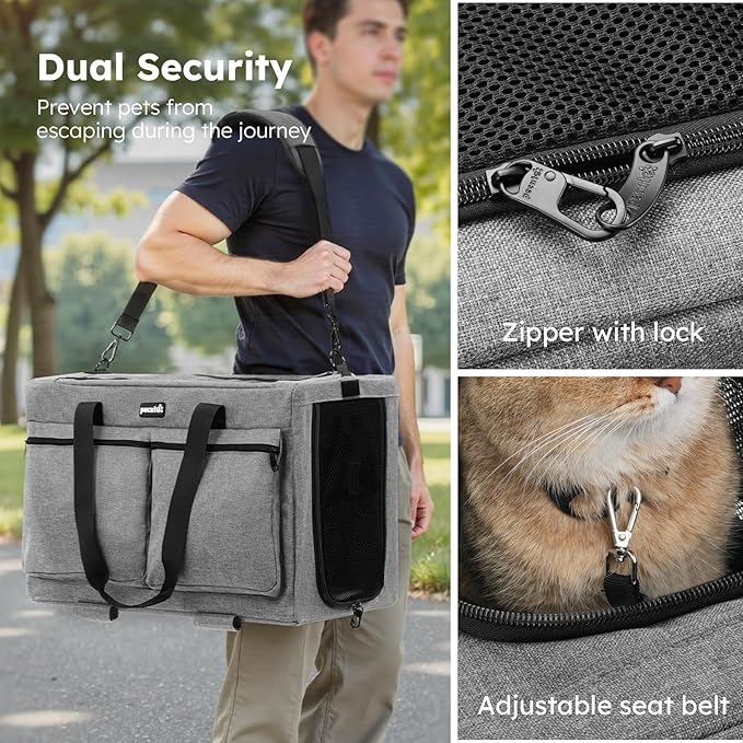 Pecute Cat Carrier with Wheels,Steel Wire Frame Cat Carrier, Stable Pet Trolley Bag for Cats, Pet Handbag and Stroller Bag, Portable Cat Carrier Bag for Car Travel Bus Subway, L, Grey