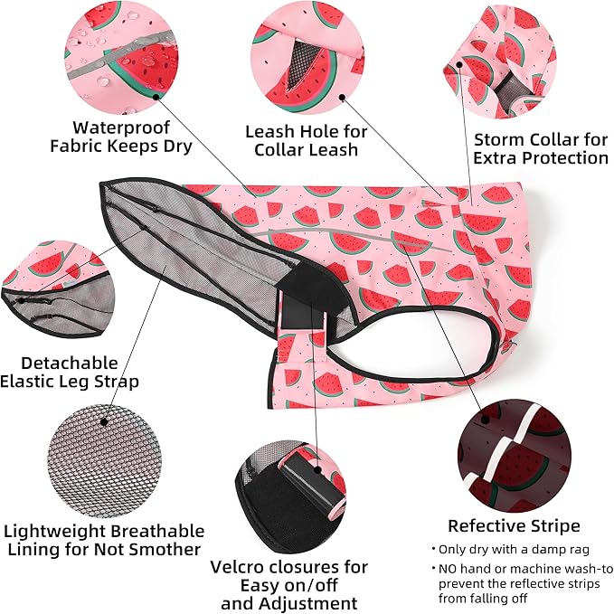 Mile High Life Dog Raincoat, Adjustable Waterproof Reflective Rain Jacket for Small Medium Large Dogs, Lightweight Breathable Pet Rain Coat with Leash Hole(Pink Watermelon,XXS Chest 16-19")