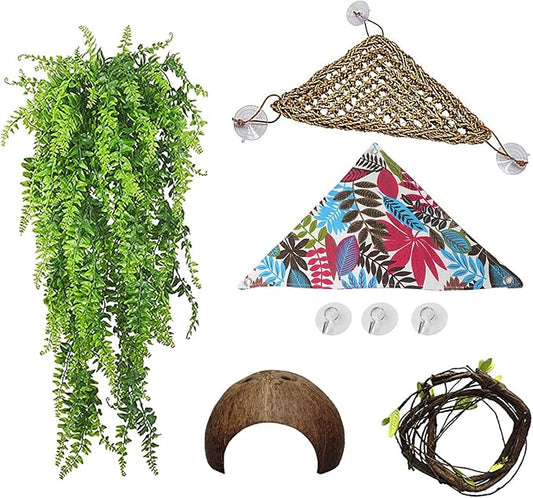 PINVNBY Bearded Dragon Habitat Decoration,Reptiles Hammock Natural Seagrass Lizard Lounger Bridge Coconut Shell Hut Hideout Cave Jungle Climber Terrarium Accessories for Gecko Chameleon Snakes(5 Pcs)