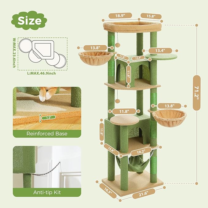 Tall Cactus Cat Tree for Indoor Cats Large Adult, 71.2" Multi-Level Cat Tower with 2 Spacious Condos, 3 Hammocks, Super Large Top Perch, 2 Pompoms, Green