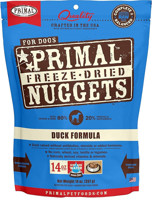Primal Freeze Dried Raw Dog Food Nuggets, Duck, Complete & Balanced Meal, Also Use as Topper or Treat, Premium, Healthy, Grain Free, High Protein Raw Dog Food, 14 oz