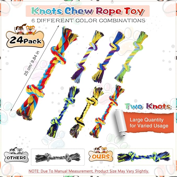 24 Pack Large Dog Rope Toys 10 Inch Chew Toys Bulk Natural Cotton Dog 2 Knot Dog Toy 2 Knots Chew Rope Toy Teething Rope Toys for Aggressive Chewers and Medium Dogs