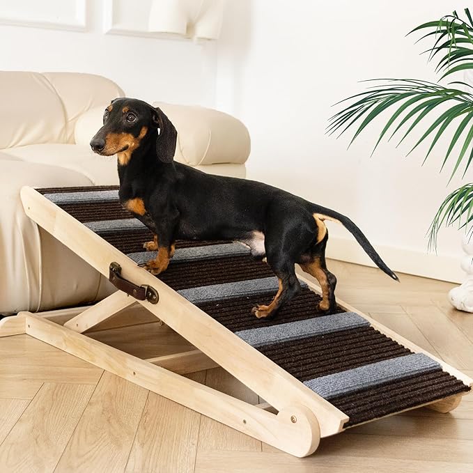 Dog Ramp for Bed, Adjustable & Folding with 6 Adjustable Height, Rugged, Anti-Slip, Dog Ramp for Couch, Folding Portable Wooden Pet Ramps, for Small & Large Dogs & Cats