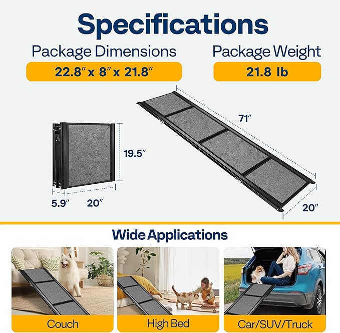 VIVOHOME Dog Ramp for Car, Stairs, 71" x 20" Extra Long & Wide Folding Dog Ramp with Anti-Slip Soft Surface for Medium or Large Dogs Get on a Bed, SUV Car & Truck, Up to 200 LBS