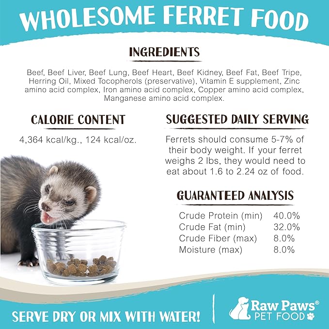 Raw Paws Freeze Dried Ferret Food - Beef Recipe, 16-oz - Made in USA - Grain Free Ferret Diet for Small, Adult, Senior & Baby Ferrets - Natural Ferret Treats for Rewarding & Training - Ferret Food Dry