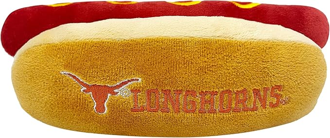 NCAA Texas Longhorns HOT Dog Plush Dog & CAT Squeak Toy- Cutest HOT-Dog Snack Plush Toy for Dogs & Cats with Inner Squeaker & Beautiful Football/Basketball Team Name/Logo