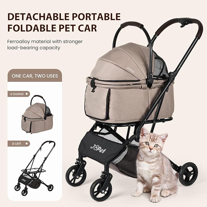 Pet Stroller, Small to Medium Dogs & Cats, Foldable, One-Hand Fold, Detachable Carrier, Latte Color