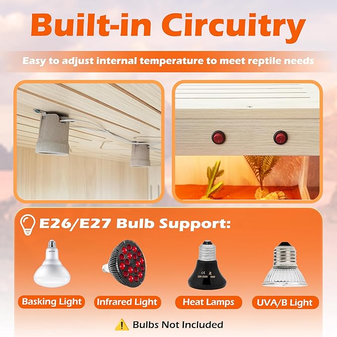 Royxen Tempered Glass Reptile Tank 29 Gallon, Reptile Enclosure with Metal Mesh Top and Lockable Design, Bearded Dragon Tank for Lizard Habitat, 24"x18"x18", Oak