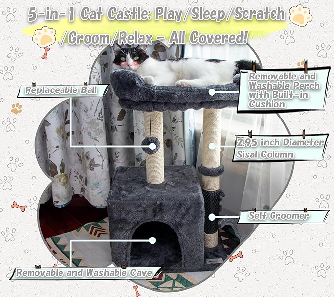 26.8" Small Cat Tree Tower,Cat Scratching Post for Indoor Cats,Featuring with Cat Cave & Cozy Perch,Cat Self Groomer and Interactive Dangling Ball Great for Kittens/Cats (Smoky Gray, Medium)