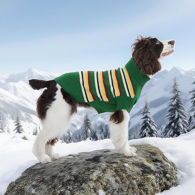 Kuoser Dog Sweater, Dog Sweaters for Medium Dogs, Doggie Christmas Clothes, Turtleneck Striped Knitwear, Pet Winter Outfit for Frech Bulldog, Boston Terrier, Green L