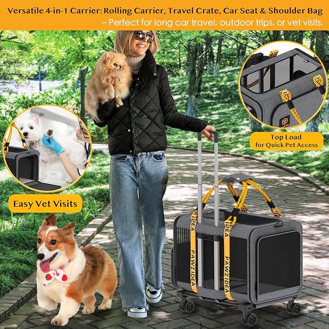 PAWZIDEA Expandable Pet Carrier with Wheels, 24x16x16in Large Cat Carrier for 2 Cats, Soft-Sided Dog Carriers for Small Medium Dog, Collapsible Rolling Travel Bag w/Telescopic Handle, Shoulder Straps